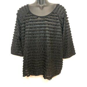 Moa Moa Black Ruffle Textured 3/4 Sleeve Top Womens XL